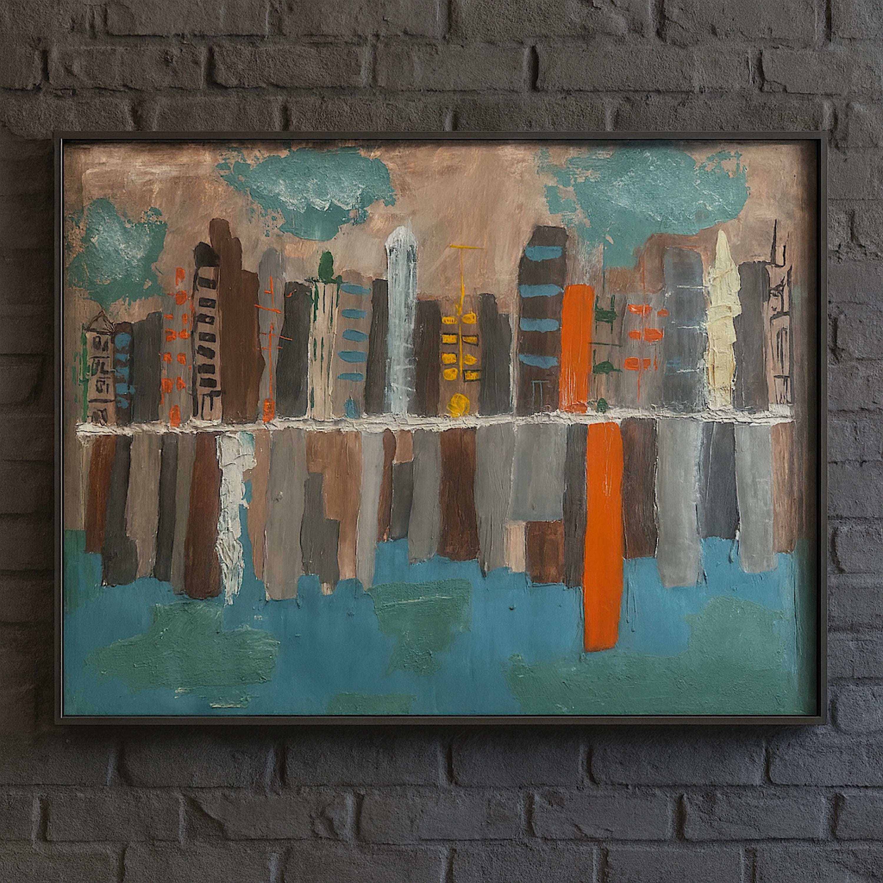 Framed Abstract American City Skyline Painting, Hand Painting Acrylic Texture Art on Reinforced Poster, Modern Wall Art (29x24 inch)