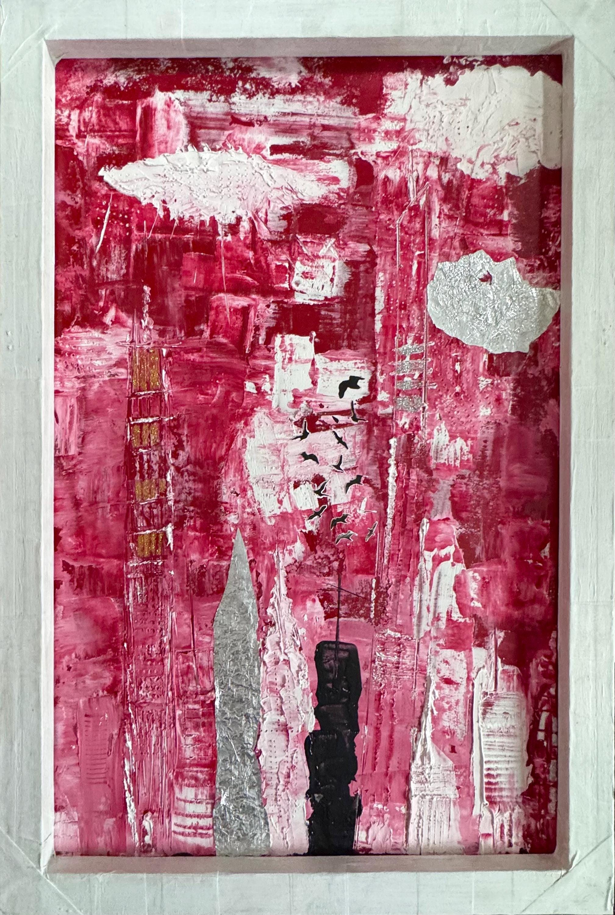 Abstract Manhattan Skyline Painting, Framed Modern Wall Art, Red White Urban Cityscape, Handmade Textured Acrylic Artwork  (21x32 inch)