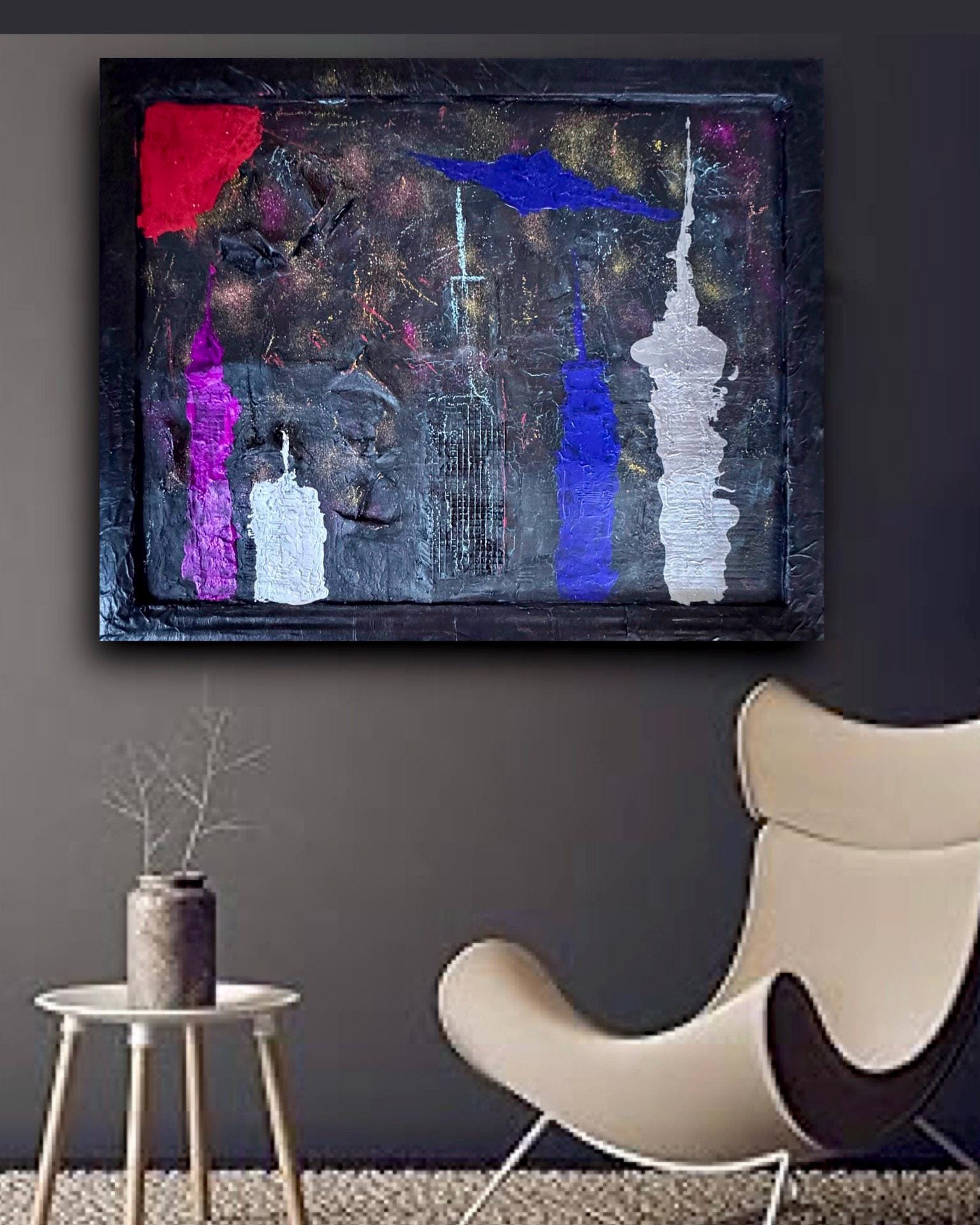 Abstract New York Skyline Mixed Media Art on Wire Mesh, Textured Acrylic Painting, Hand Painted Frame, Contemporary Wall Art(30.5x23.5 inch)