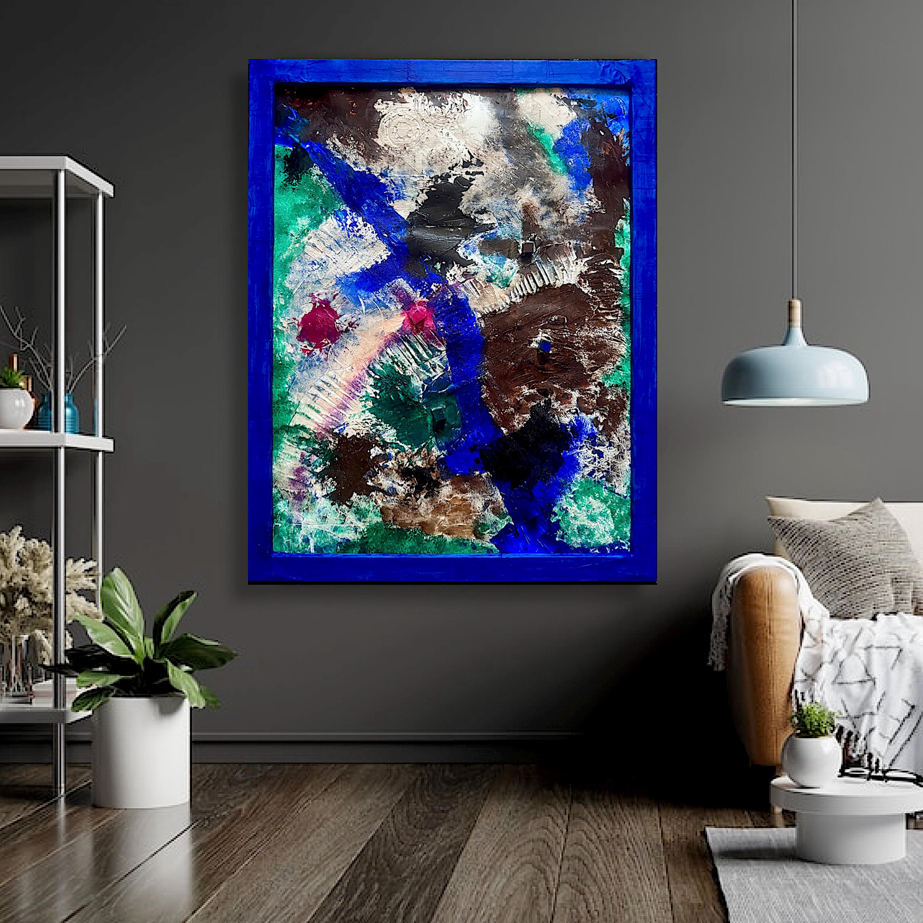 Abstract Textured Wall Art, Framed Original Acrylic Painting on Reinforced Poster, Signed Blue Frame Modern Art (29.5x23.5 inch)
