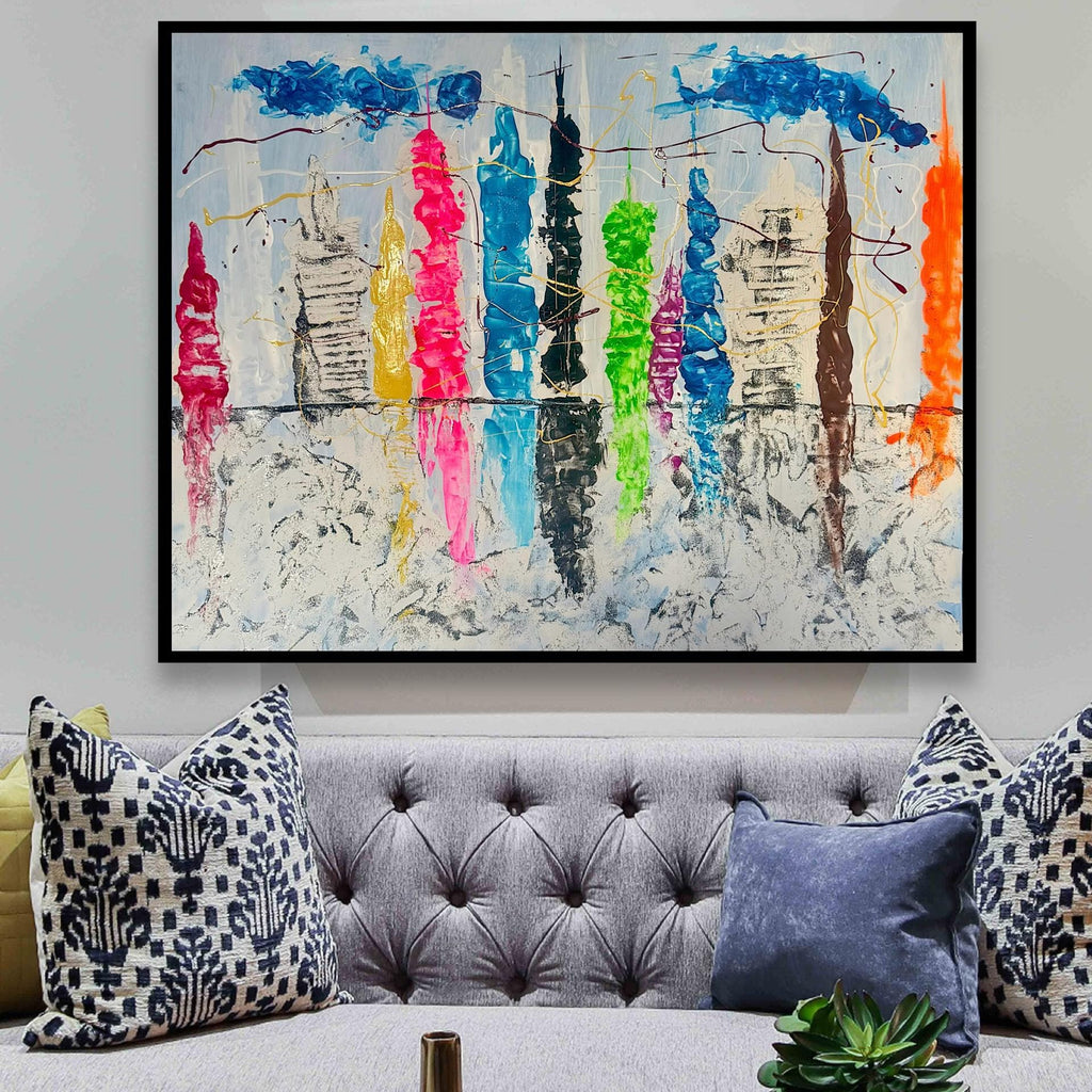 Textured New York Skyline Painting, Handcrafted Abstract Cityscape Art (28x22 inch)