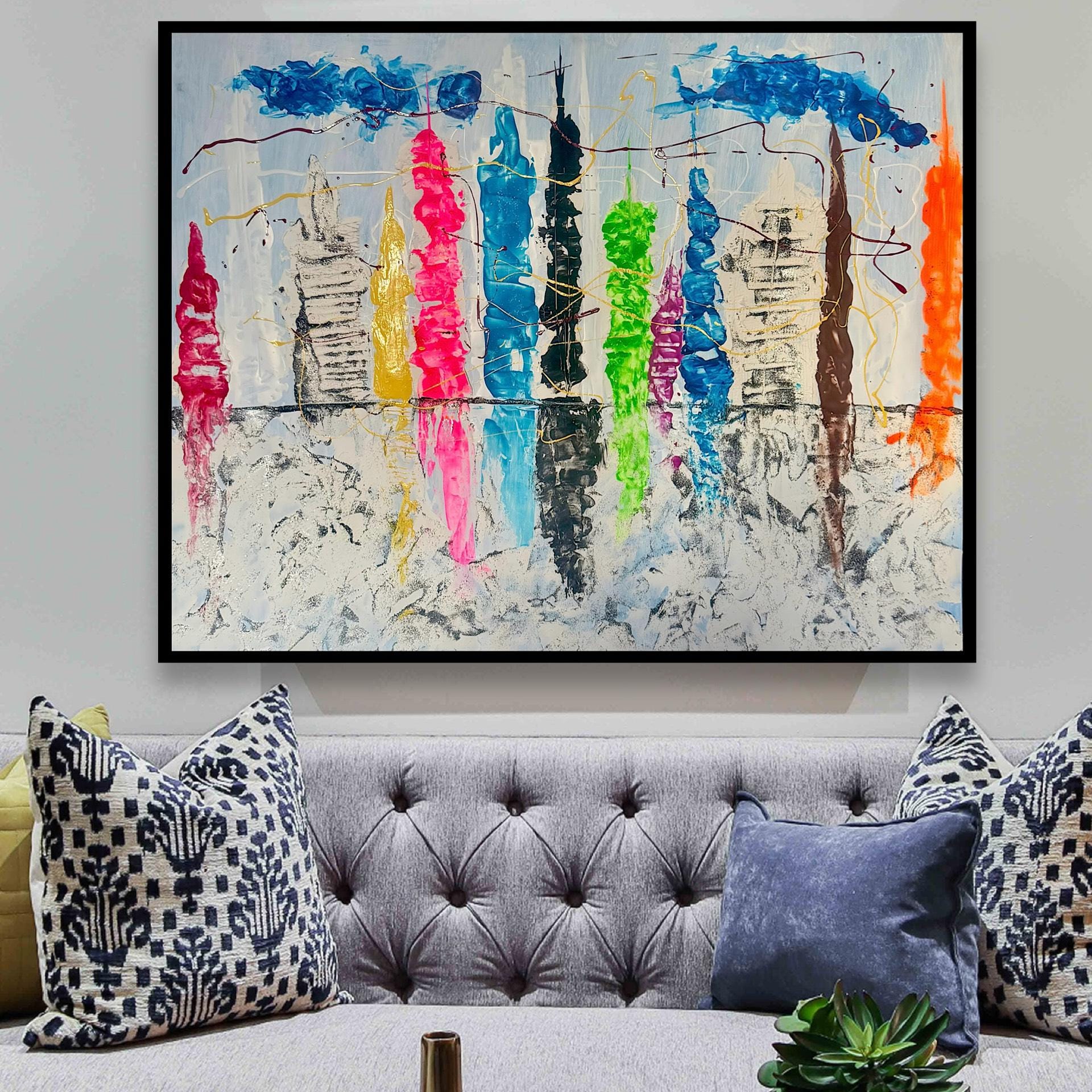 Textured New York Skyline Painting, Handcrafted Abstract Cityscape Art (28x22 inch)