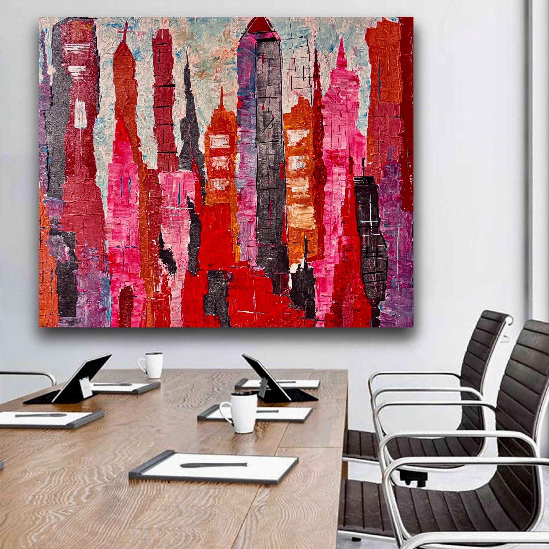 Abstract New York Cityscape Painting, Textured Acrylic Canvas Art (28x23 inch)