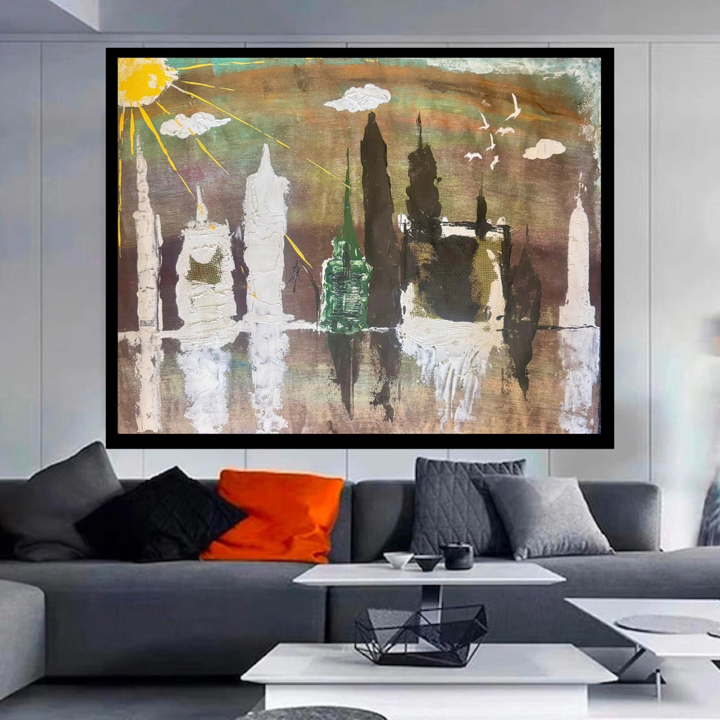 Handmade Abstract Manhattan Skyline Painting, Expressionist Acrylic Art (28x22 inch)