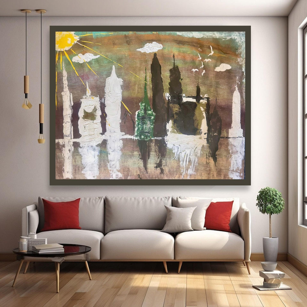 Handmade Abstract Manhattan Skyline Painting, Expressionist Acrylic Art (28x22 inch)