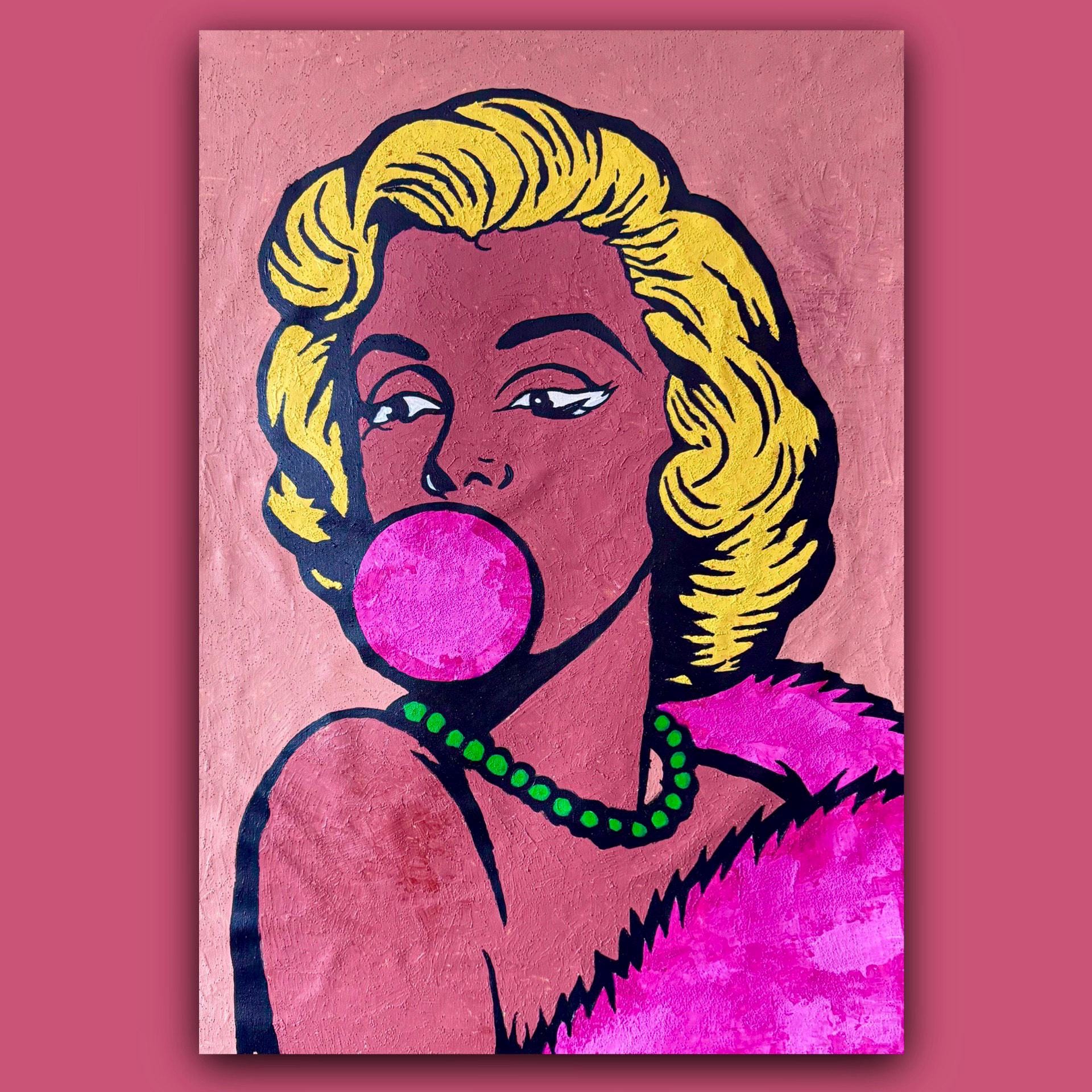 Original Acrylic Pop Art Portrait on Canvas, Expressionist Woman with Bubblegum (24x36 inch)
