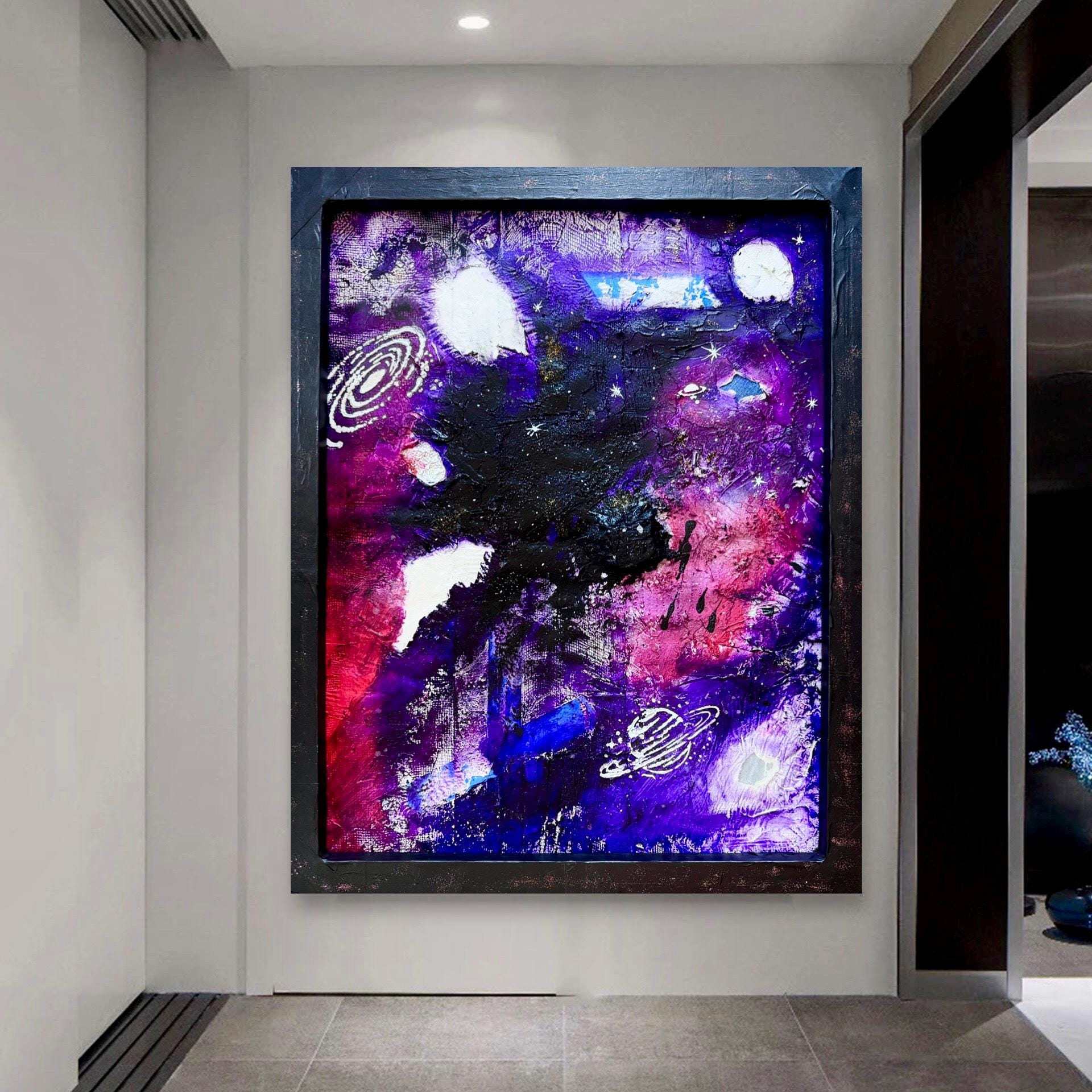Abstract Cosmic Galaxy Painting, Purple Space Art, Textured Acrylic, Modern Wall Art, Framed Original Artwork (24x30 inch)