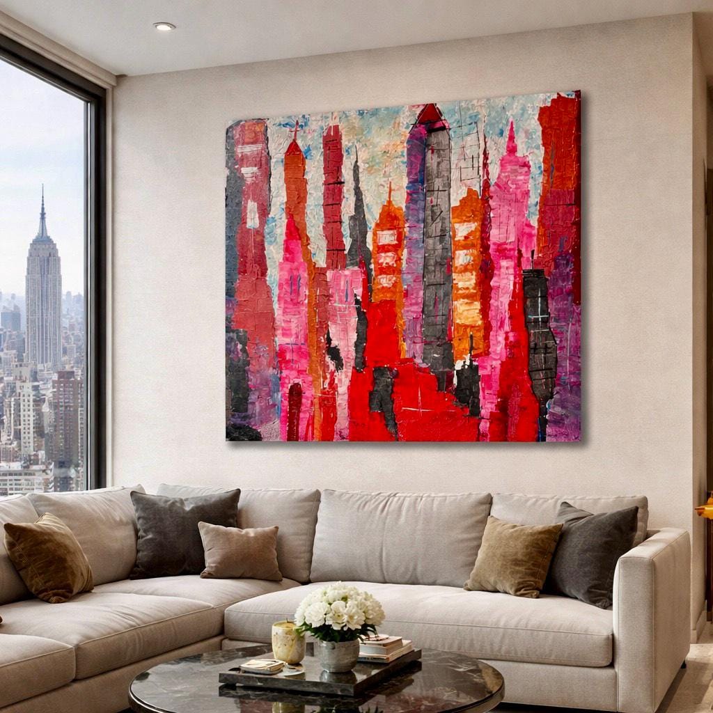 Abstract New York Cityscape Painting, Textured Acrylic Canvas Art (28x23 inch)