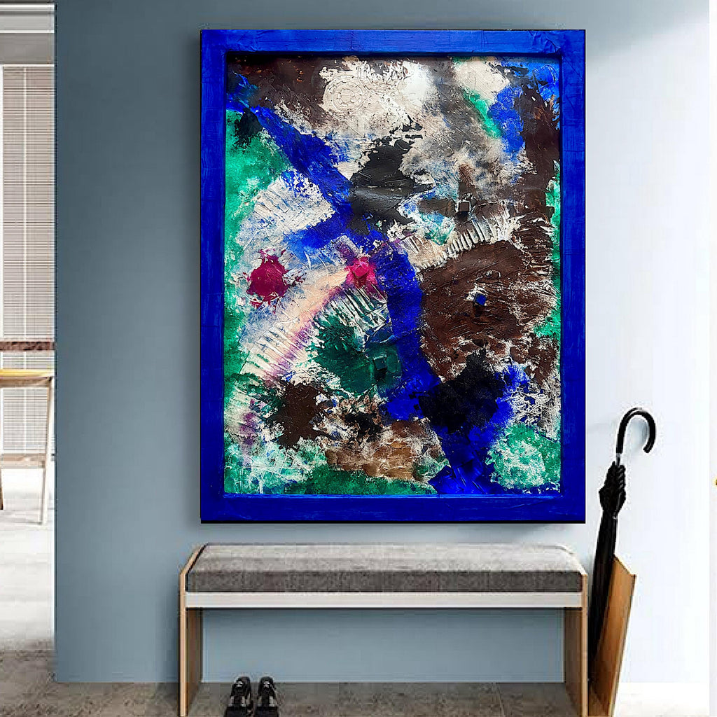 Abstract Textured Wall Art, Framed Original Acrylic Painting on Reinforced Poster, Signed Blue Frame Modern Art (29.5x23.5 inch)