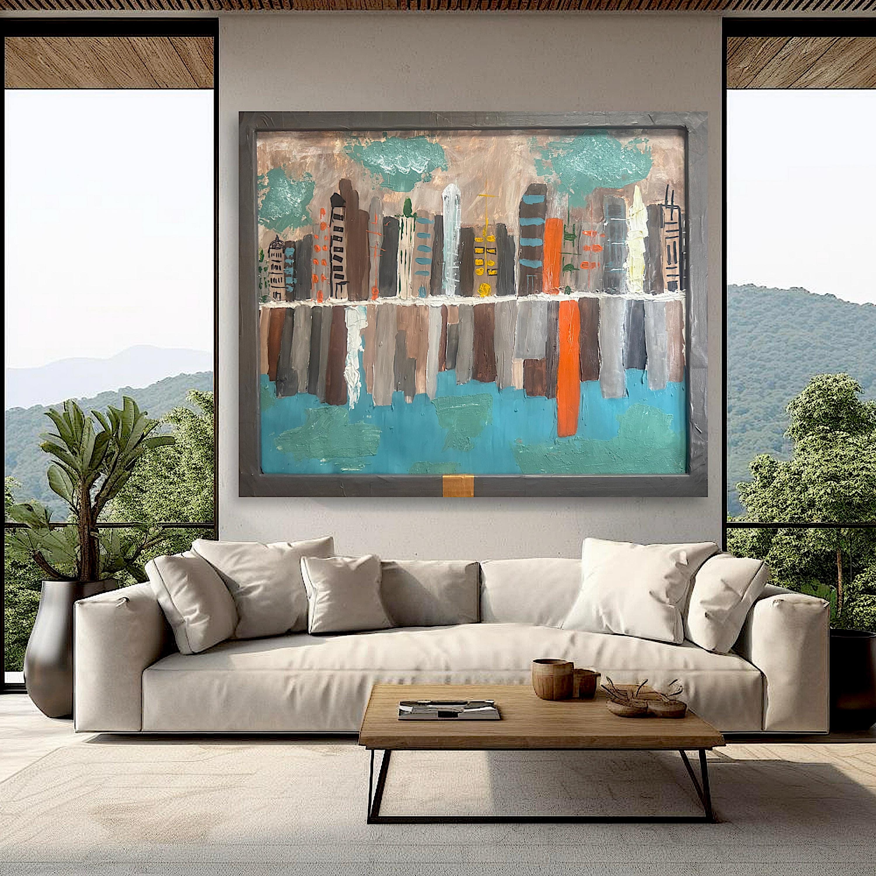 Framed Abstract American City Skyline Painting, Hand Painting Acrylic Texture Art on Reinforced Poster, Modern Wall Art (29x24 inch)
