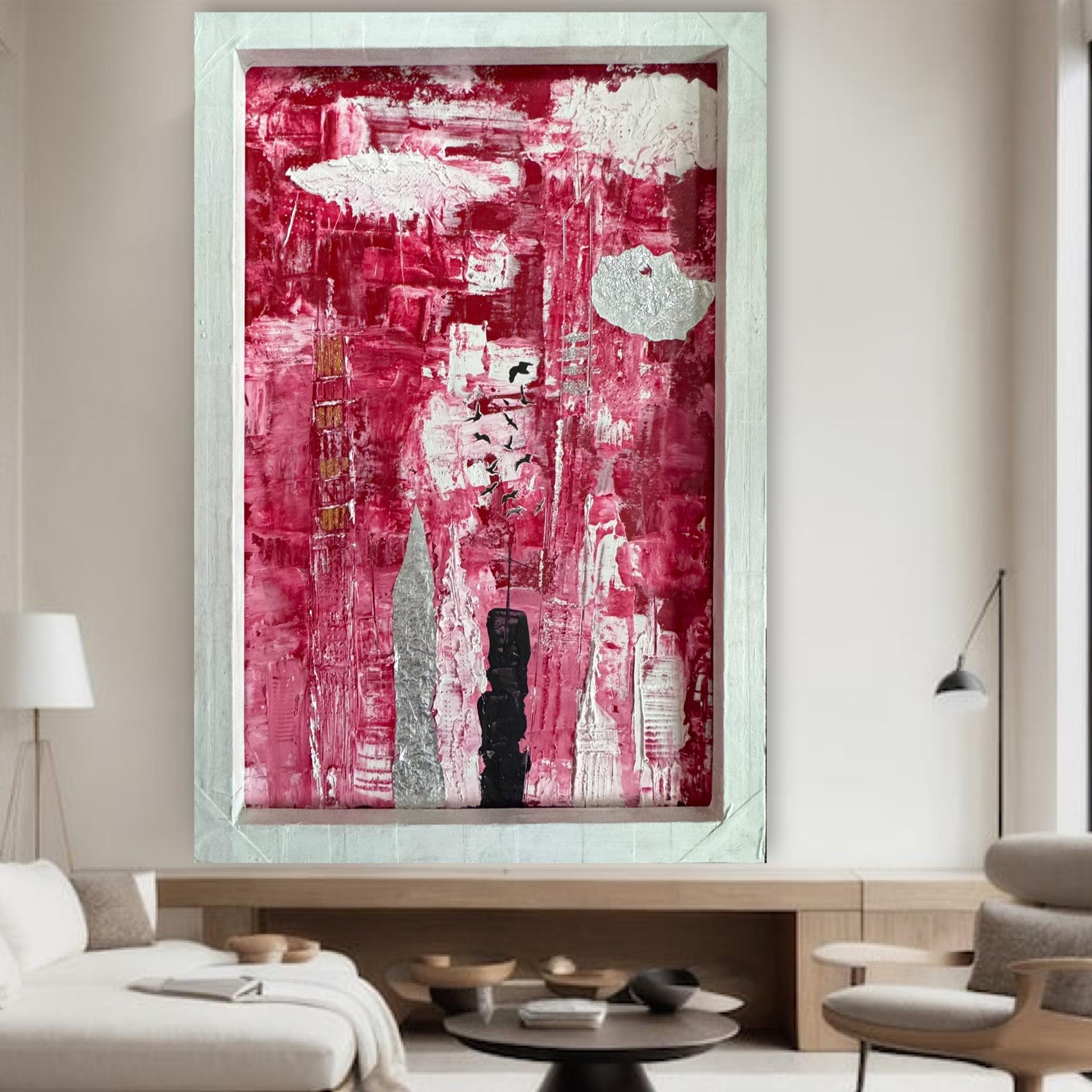 Abstract Manhattan Skyline Painting, Framed Modern Wall Art, Red White Urban Cityscape, Handmade Textured Acrylic Artwork  (21x32 inch)