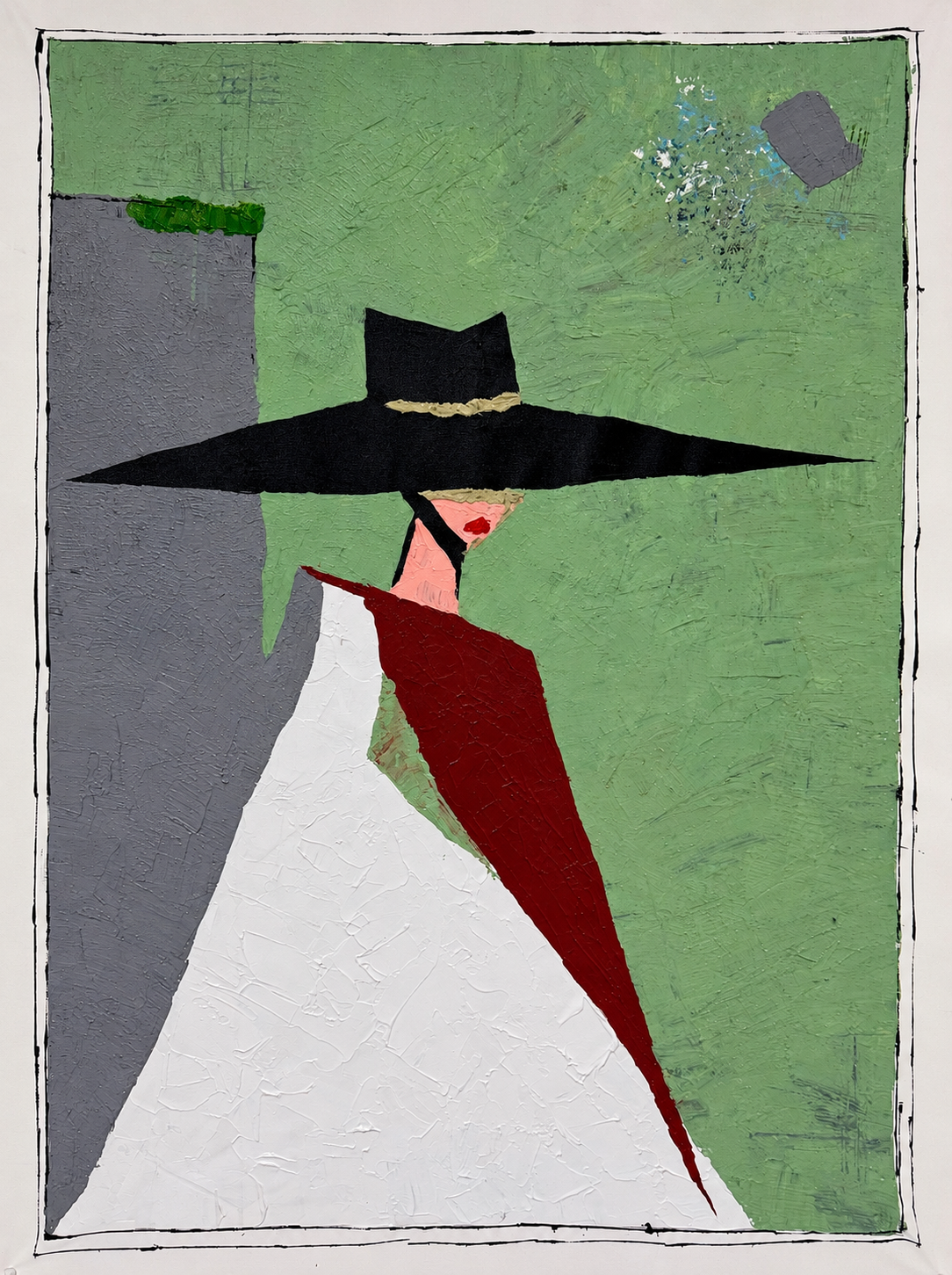 Abstract Woman in Black Hat Original Acrylic Painting 26x36, Textured Expressionist Fashion Wall Art on Canvas