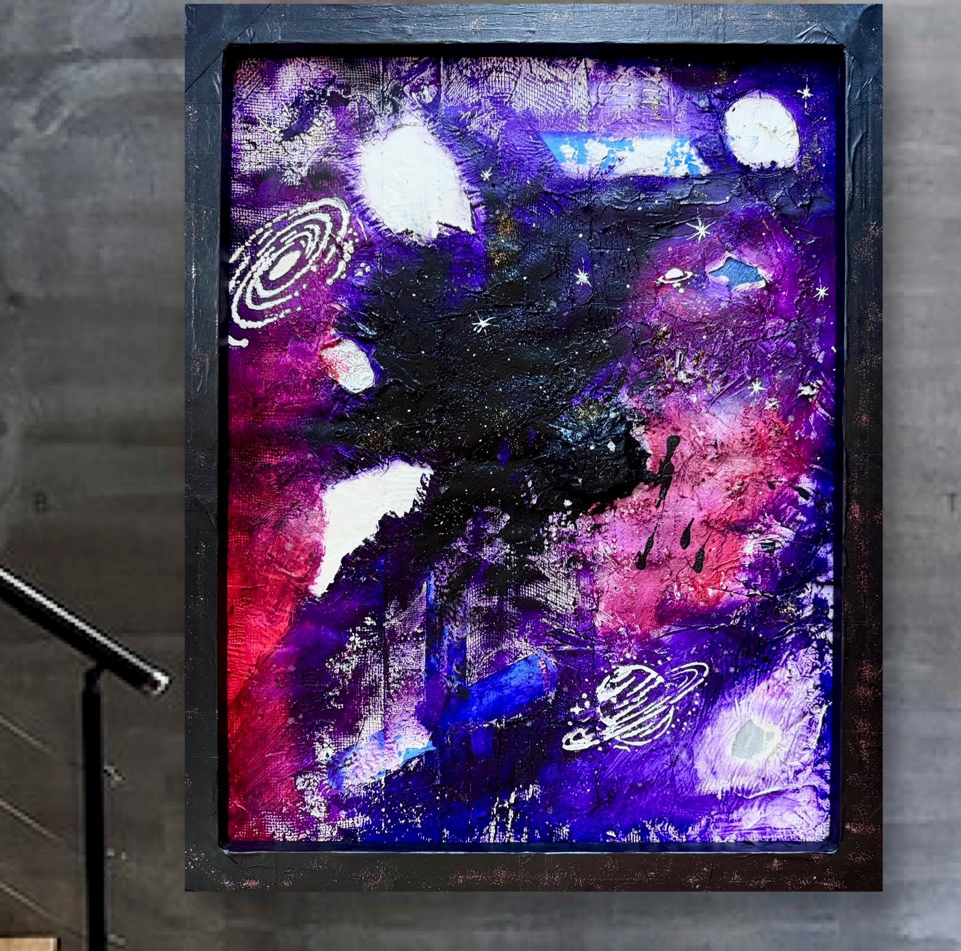 Abstract Cosmic Galaxy Painting, Purple Space Art, Textured Acrylic, Modern Wall Art, Framed Original Artwork (24x30 inch)