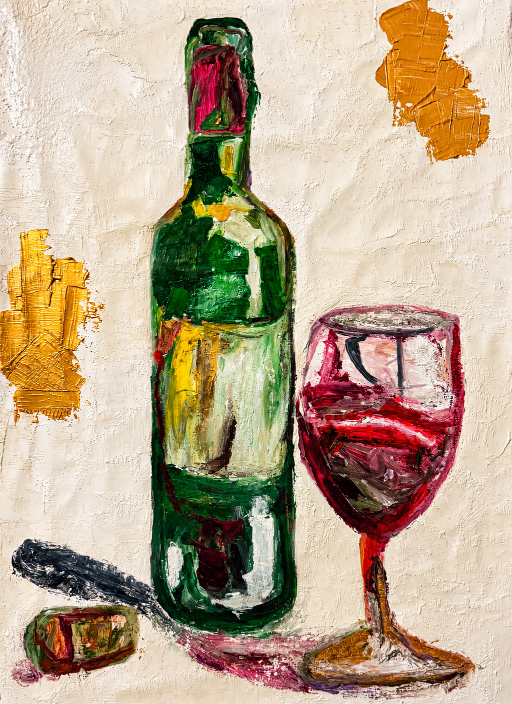 Vintage Wine Still Life – Original Palette Knife Acrylic & Oil Painting on 26x36 Canvas, Contemporary Expressionist Art