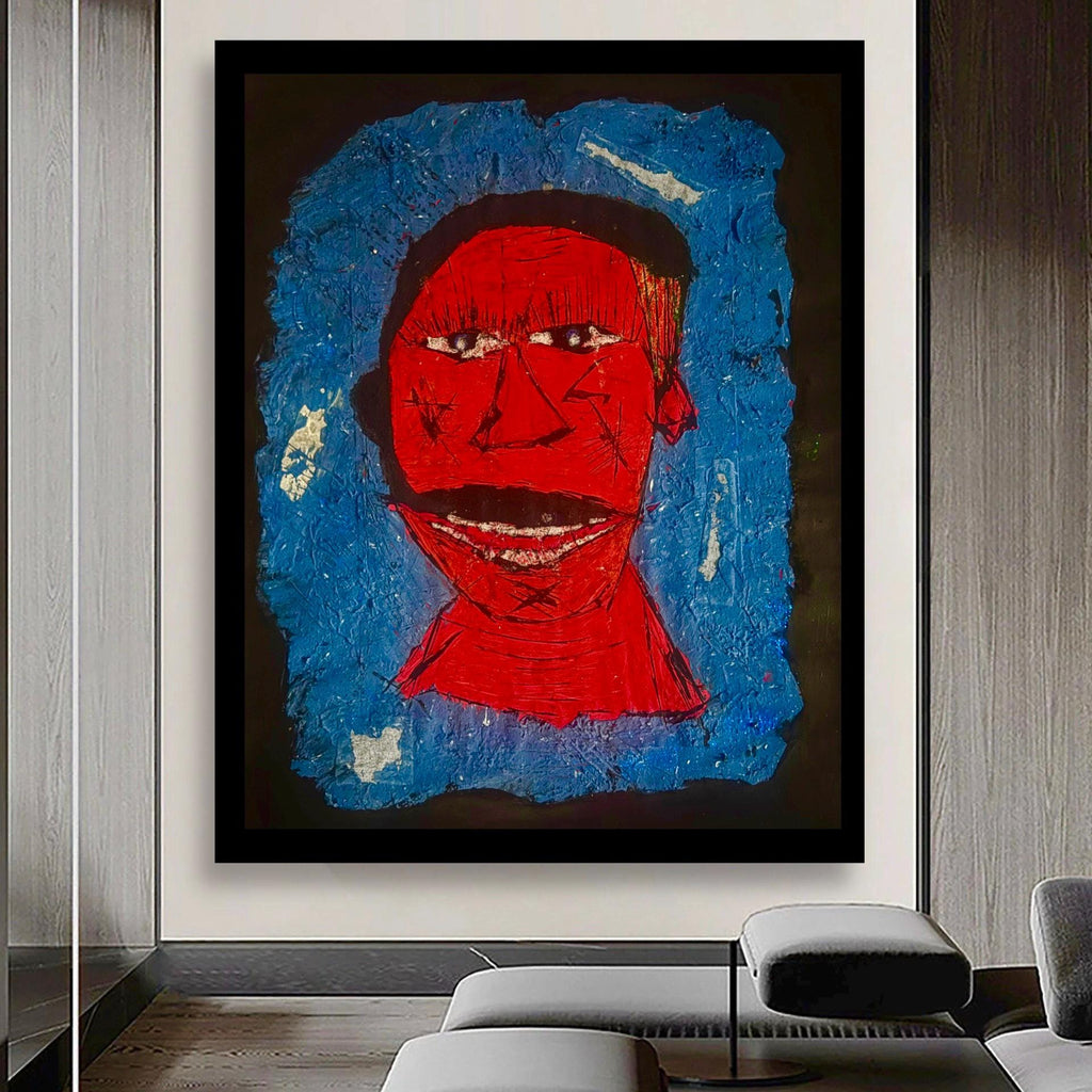 Handmade Abstract Portrait Painting, Red Face Expressionist Art (28x22 inch)