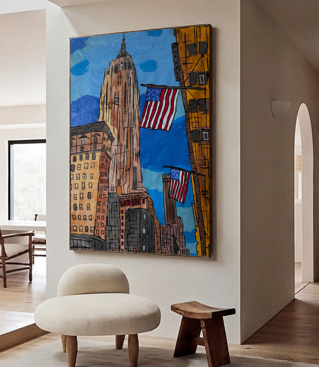 Original NYC Skyline Abstract Painting 26x36, Handmade Acrylic Canvas Art with American Flag, Textured Modern Wall Decor