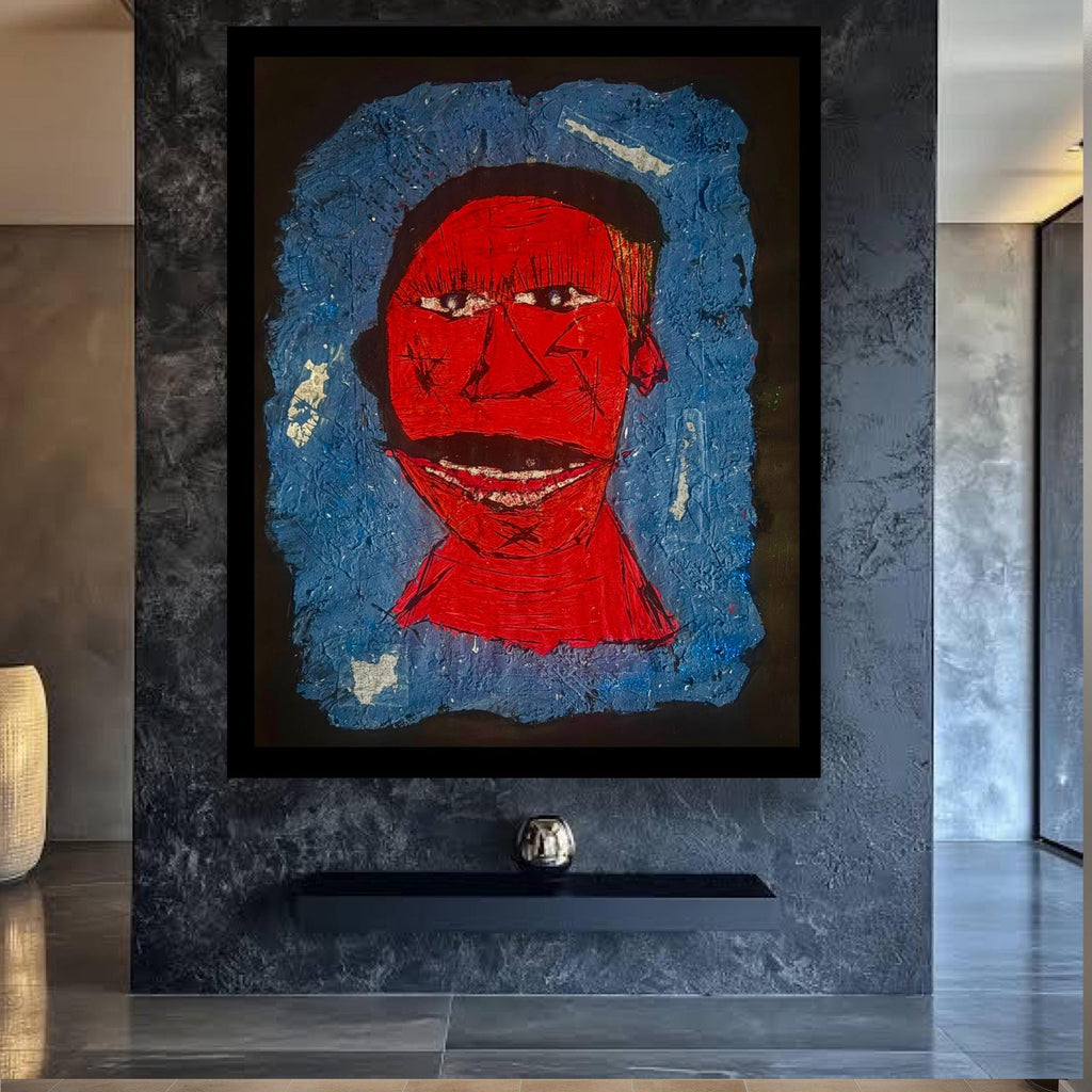 Handmade Abstract Portrait Painting, Red Face Expressionist Art (28x22 inch)