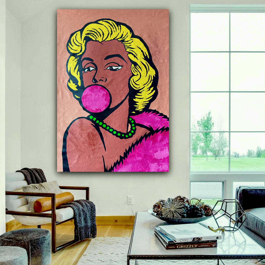 Original Acrylic Pop Art Portrait on Canvas, Expressionist Woman with Bubblegum (24x36 inch)