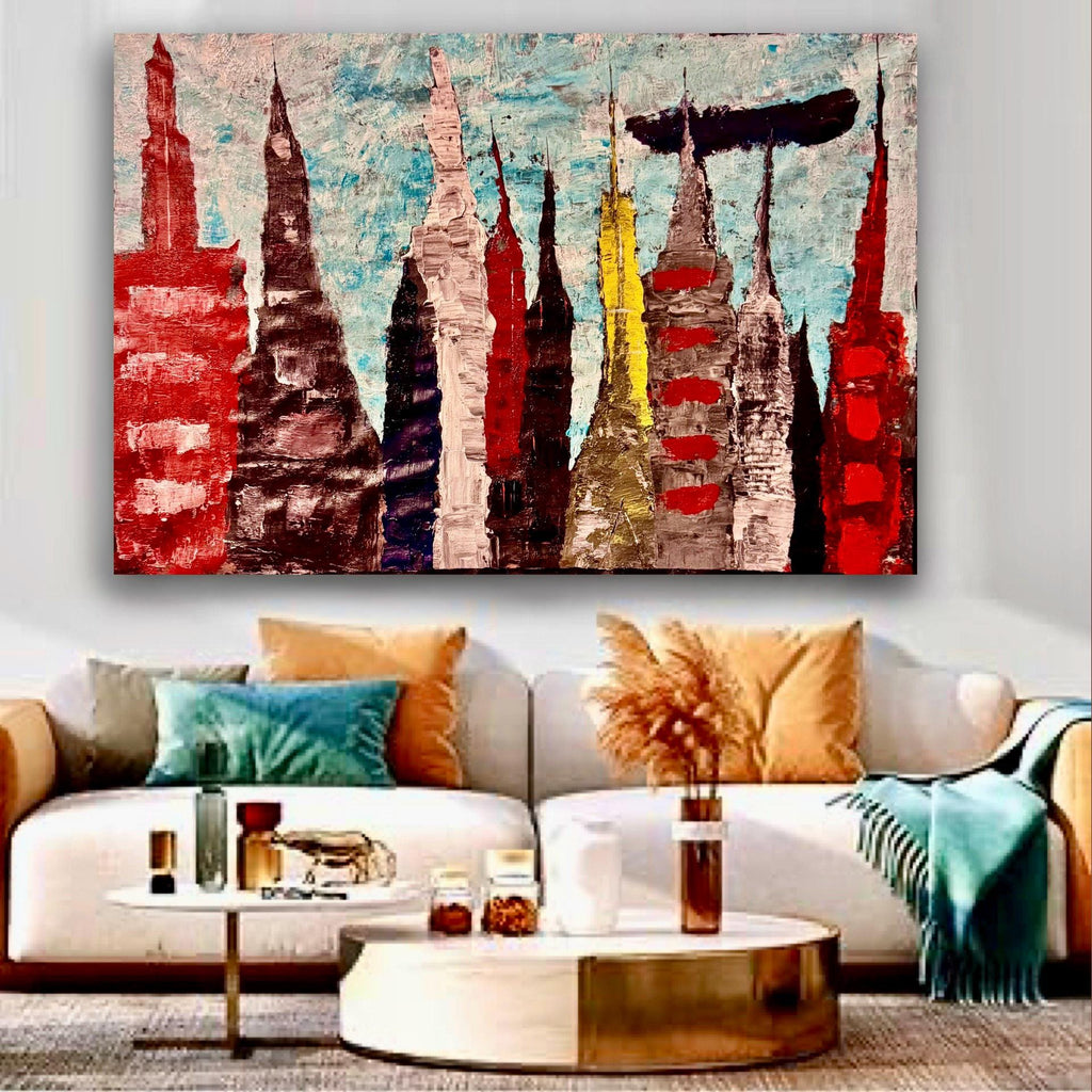 Textured Acrylic Manhattan Skyline Painting, Modern NYC Wall Art (36x24 inch)