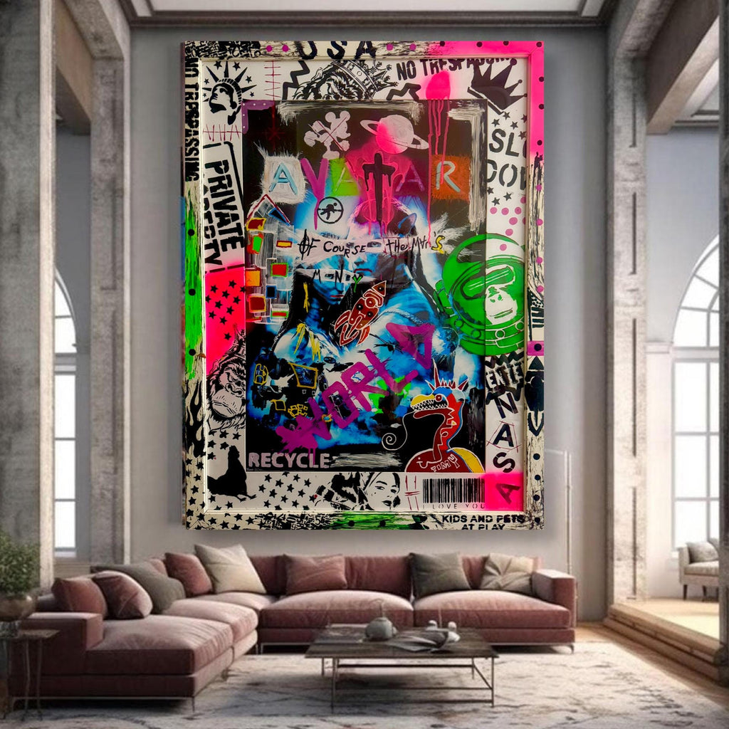 Avatar Pop Art: Hand-Painted Mixed Media Graffiti Art (32.5x44.5 inch)