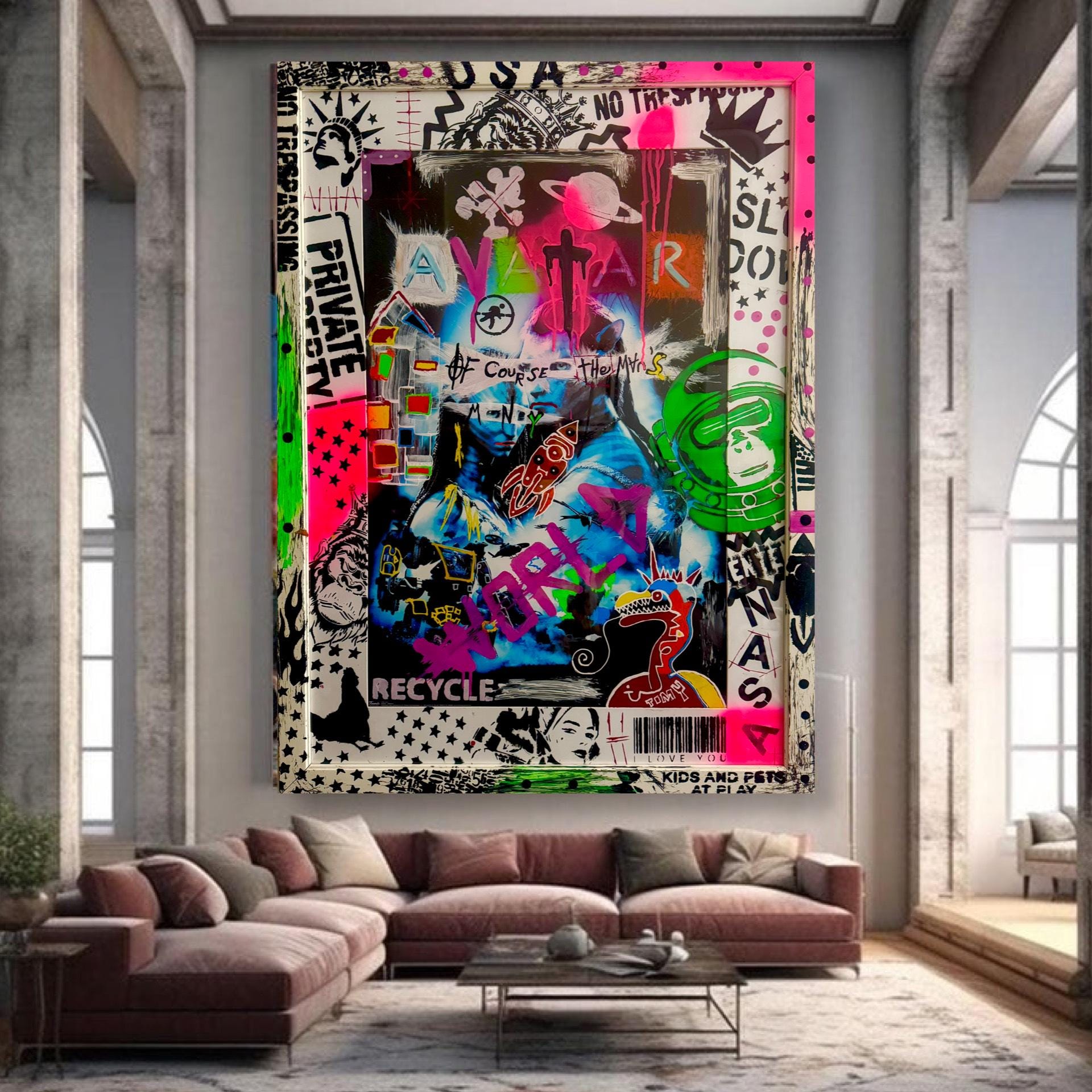 Avatar Pop Art: Hand-Painted Mixed Media Graffiti Art (32.5x44.5 inch)