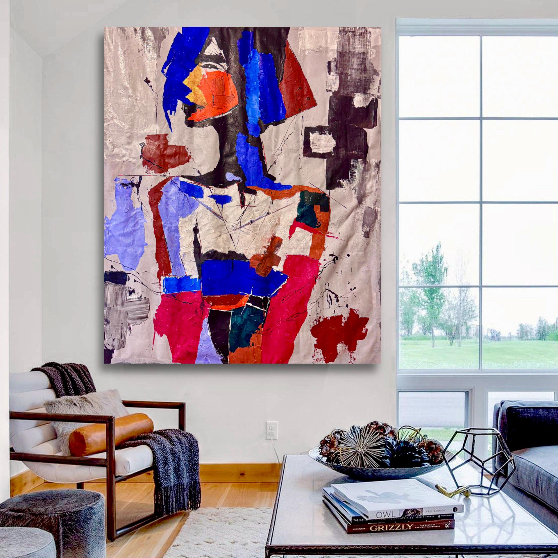 Original Abstract Portrait Painting, Bold Colors, Modern Wall Art (36x43 inch Canvas)