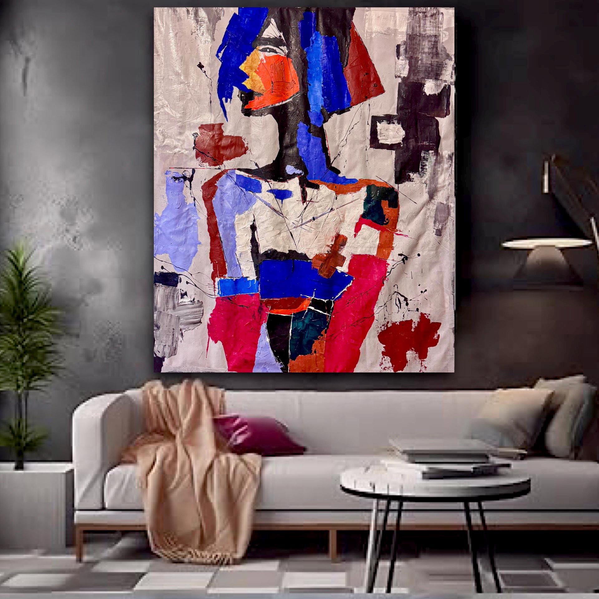 Original Abstract Portrait Painting, Bold Colors, Modern Wall Art (36x43 inch Canvas)