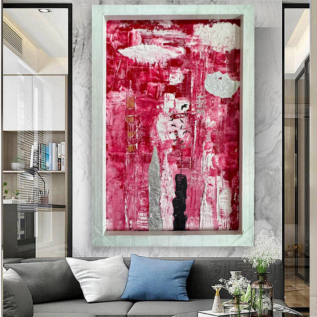 Abstract Manhattan Skyline Painting, Framed Modern Wall Art, Red White Urban Cityscape, Handmade Textured Acrylic Artwork  (21x32 inch)