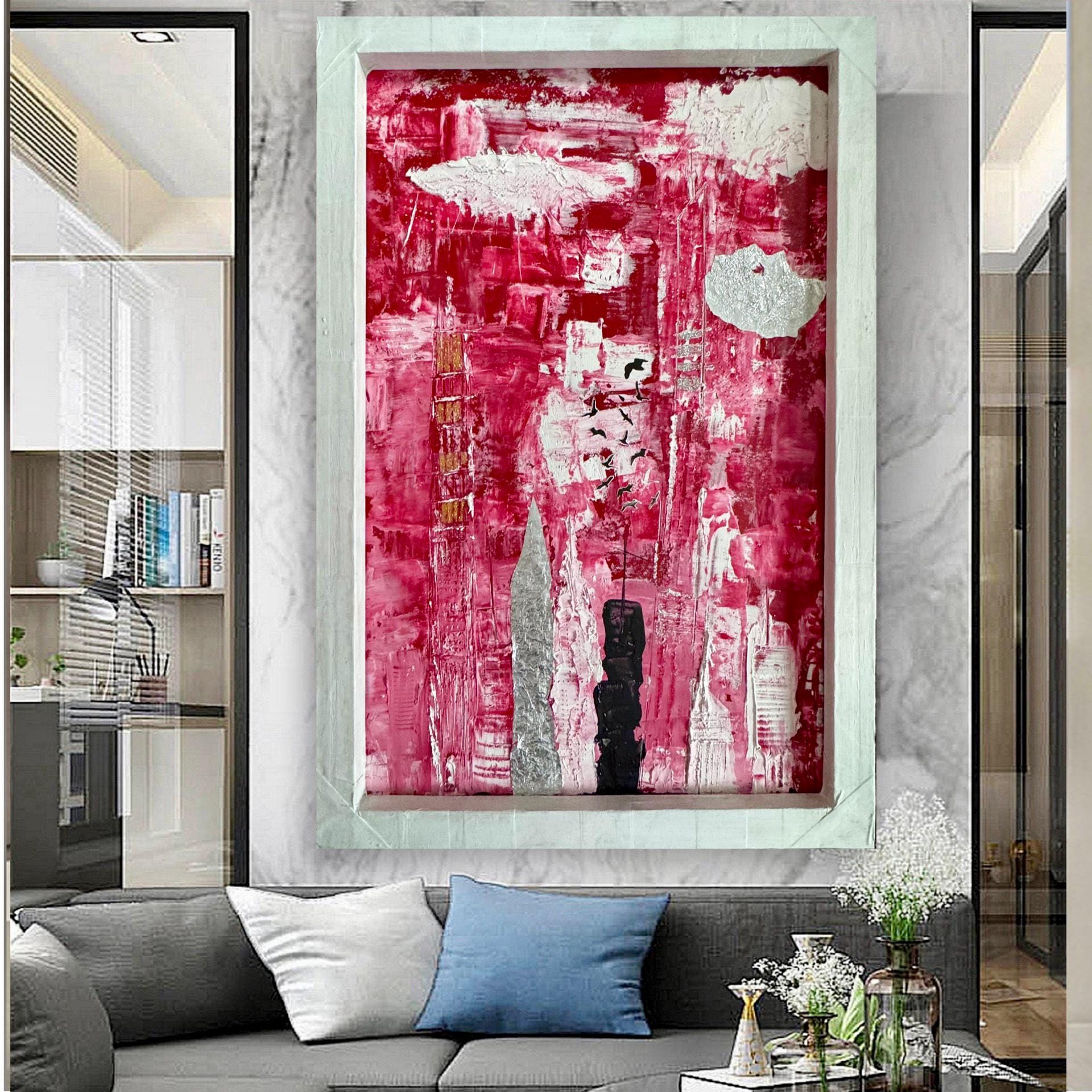 Abstract Manhattan Skyline Painting, Framed Modern Wall Art, Red White Urban Cityscape, Handmade Textured Acrylic Artwork  (21x32 inch)