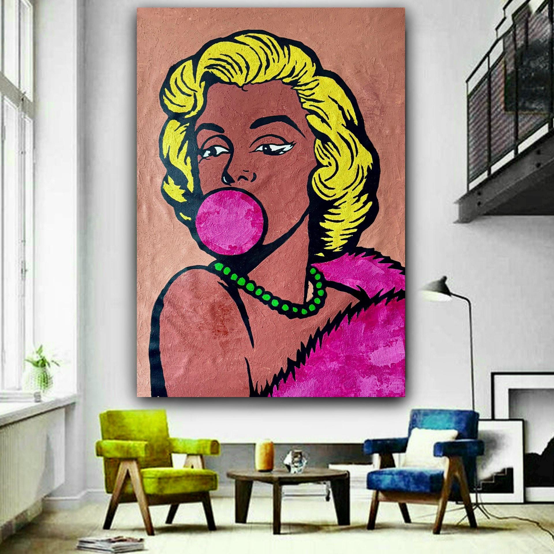 Original Acrylic Pop Art Portrait on Canvas, Expressionist Woman with Bubblegum (24x36 inch)