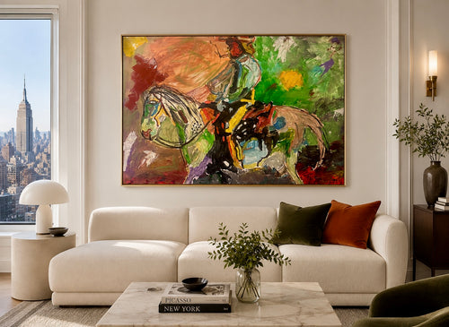 Abstract Expressionist Horse & Rider Painting, 26x36 Original Acrylic on Canvas, Textured Palette Knife Artwork