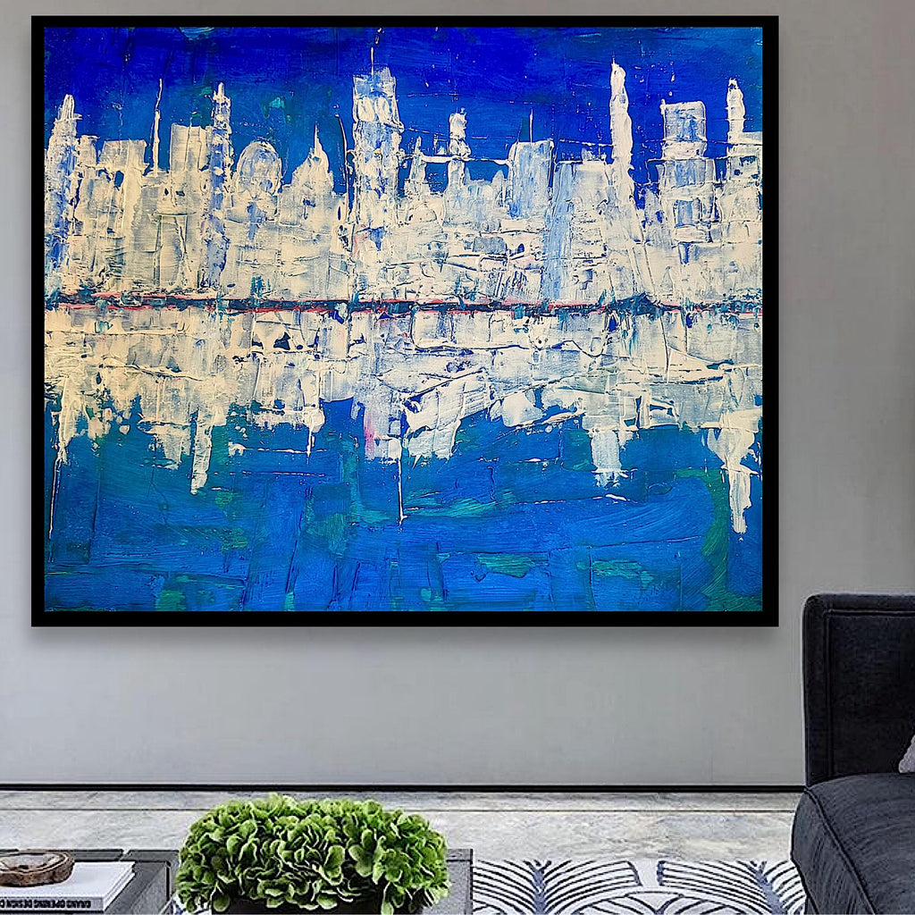 Abstract Cityscape Painting, Textured Palette Knife Acrylic, Skyline Wall Art (22x28 inch)