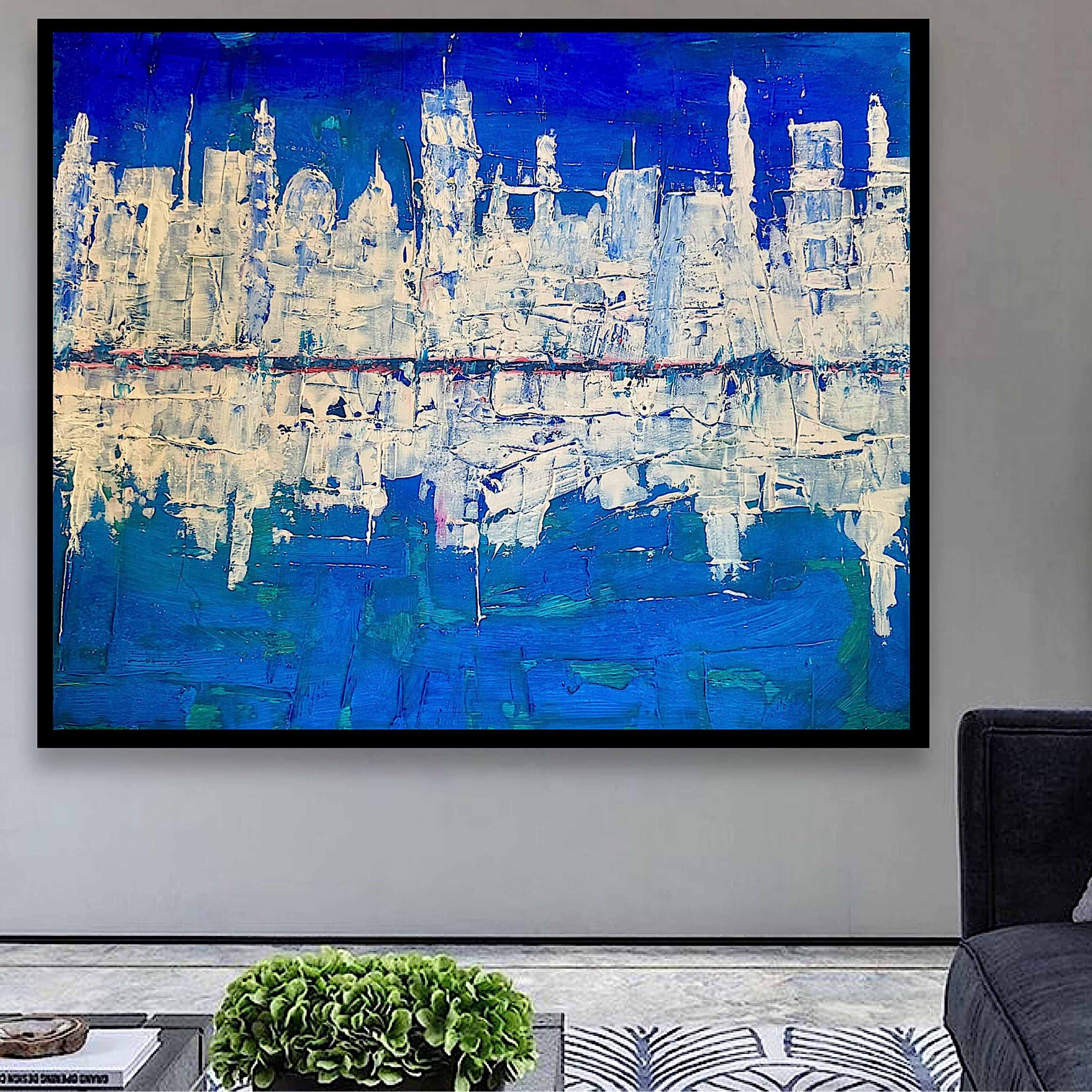 Abstract Cityscape Painting, Textured Palette Knife Acrylic, Skyline Wall Art (22x28 inch)