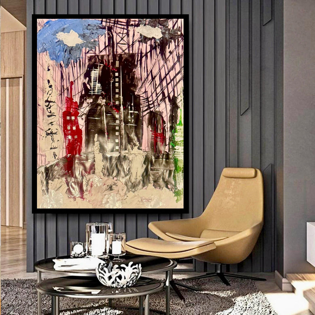 Abstract City Skyline Wall Art, Textured Acrylic Painting, Modern Urban Art, Handmade Contemporary Artwork, Framed Original Art (22x28 inch)