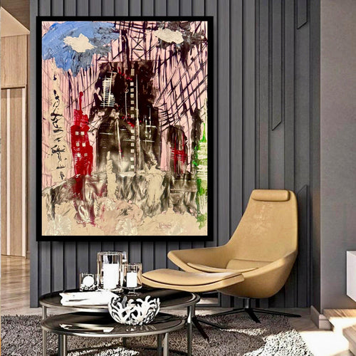 Abstract City Skyline Wall Art, Textured Acrylic Painting, Modern Urban Art, Handmade Contemporary Artwork, Framed Original Art (22x28 inch)