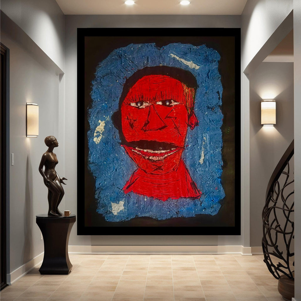 Handmade Abstract Portrait Painting, Red Face Expressionist Art (28x22 inch)