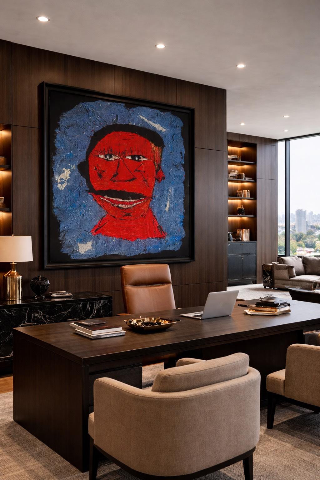 Handmade Abstract Portrait Painting, Red Face Expressionist Art (28x22 inch)