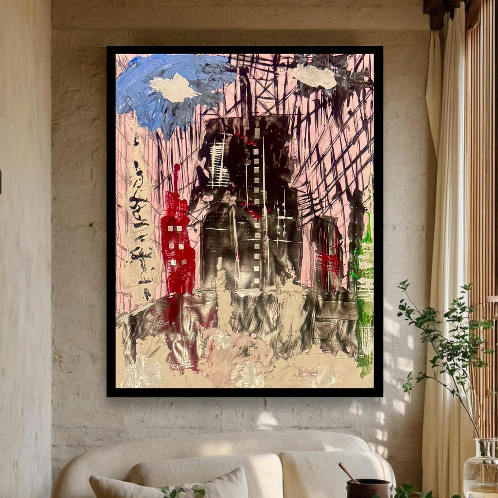 Abstract City Skyline Wall Art, Textured Acrylic Painting, Modern Urban Art, Handmade Contemporary Artwork, Framed Original Art (22x28 inch)