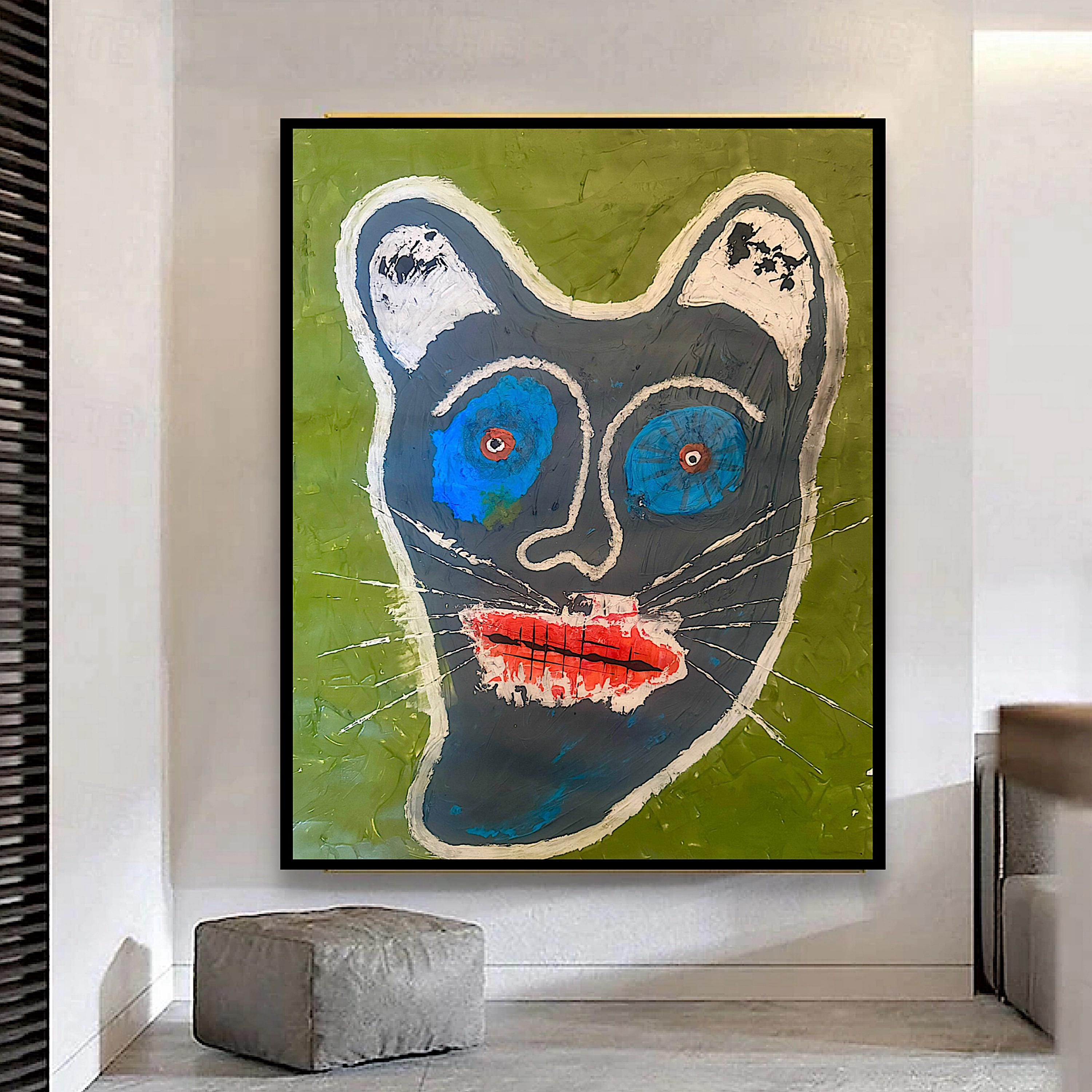 Abstract Cat Portrait, Acrylic Mixed Media, Contemporary Wall Art (22x28 inch)