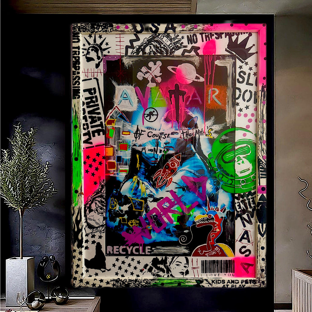 Avatar Pop Art: Hand-Painted Mixed Media Graffiti Art (32.5x44.5 inch)