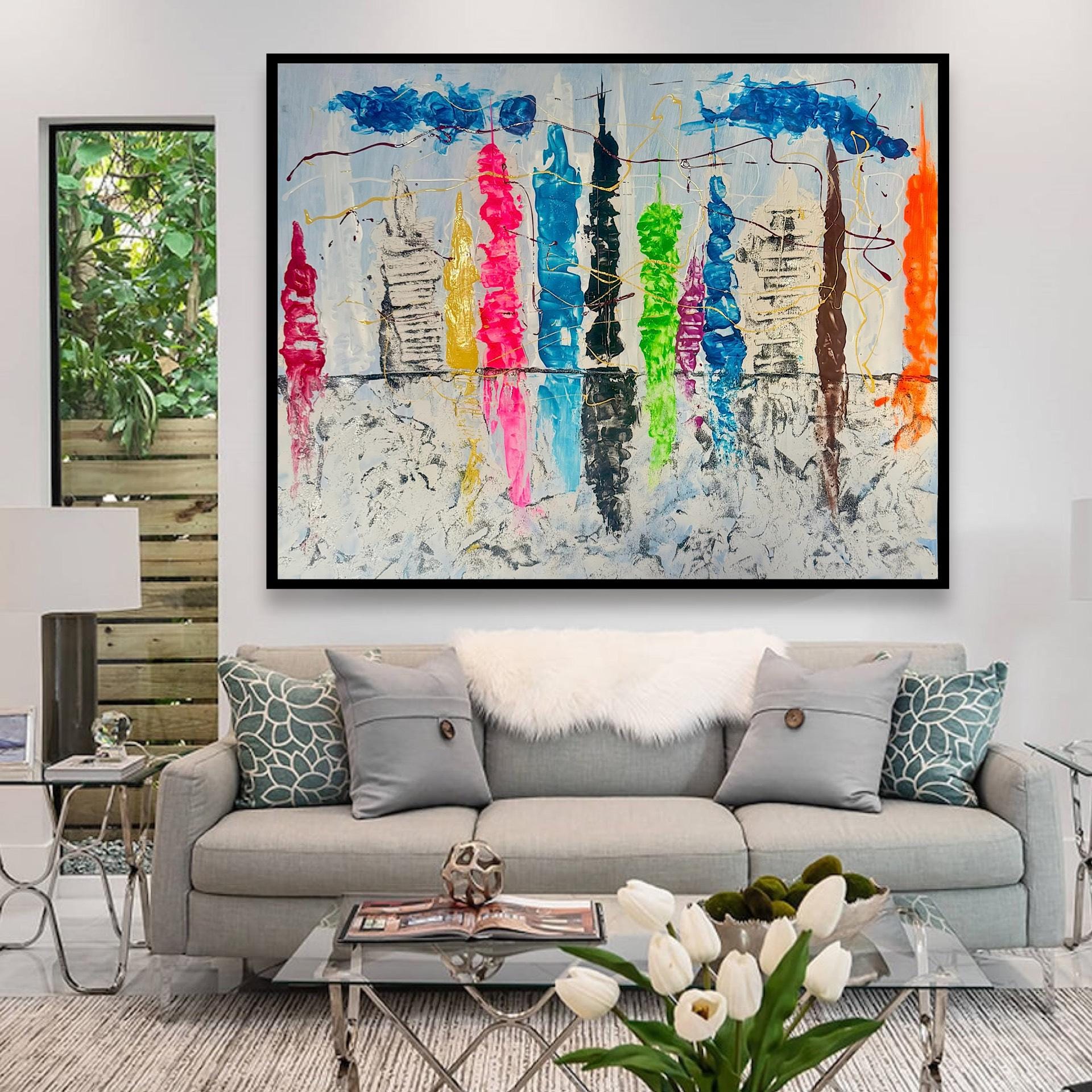Textured New York Skyline Painting, Handcrafted Abstract Cityscape Art (28x22 inch)