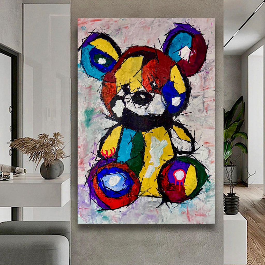 Experionis - Expressionist Abstract Teddy Bear Painting (24x36 inch)