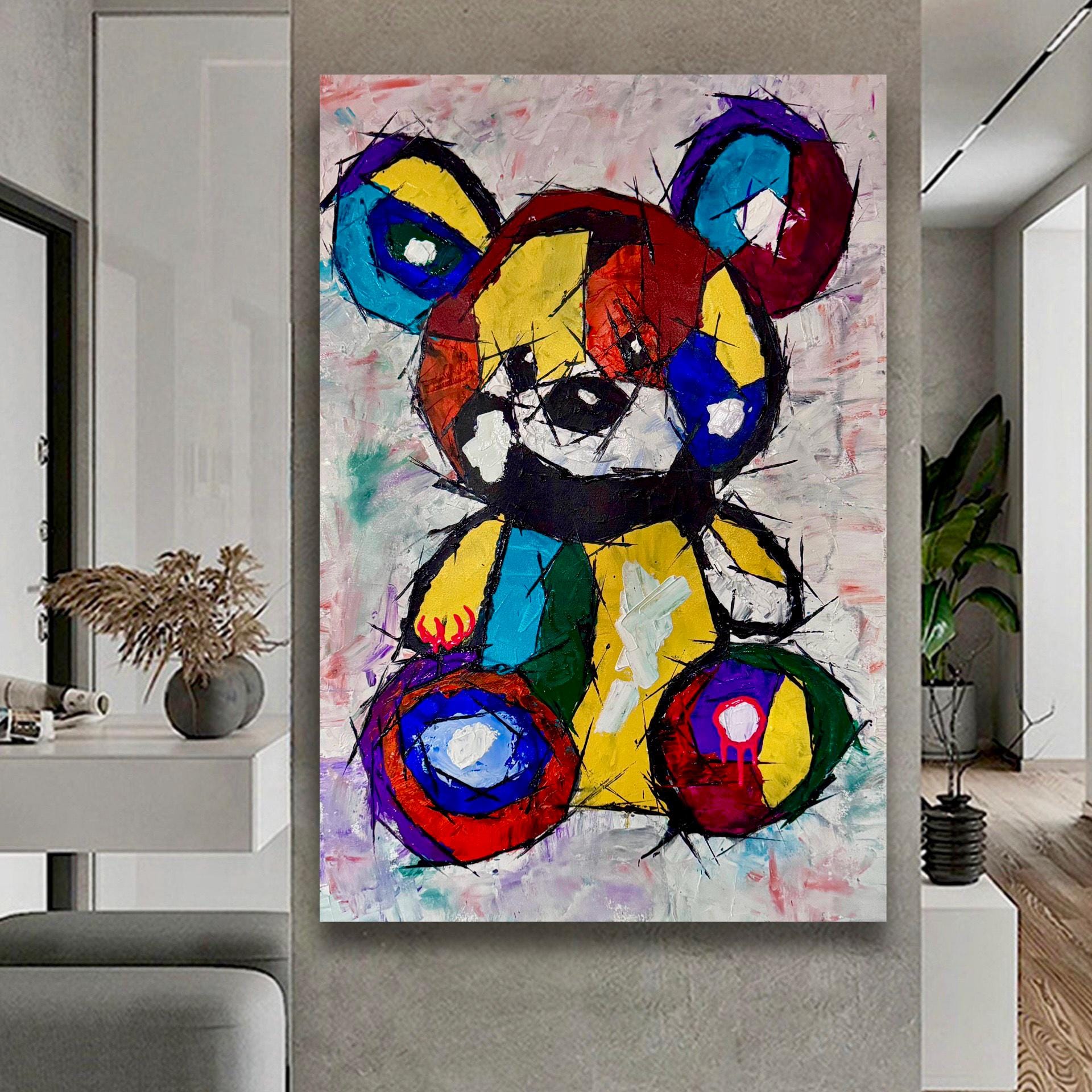 Experionis - Expressionist Abstract Teddy Bear Painting (24x36 inch)