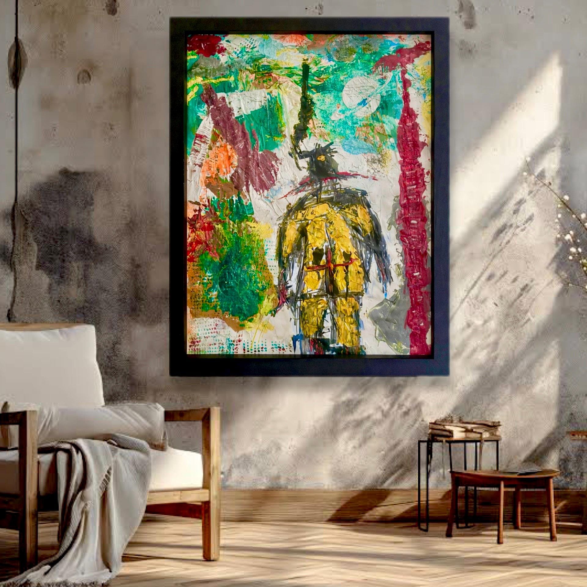 Handmade Abstract Acrylic Painting on Hardened Poster, Framed Wall Art, Textured Varnished Artwork (24x30 inch)