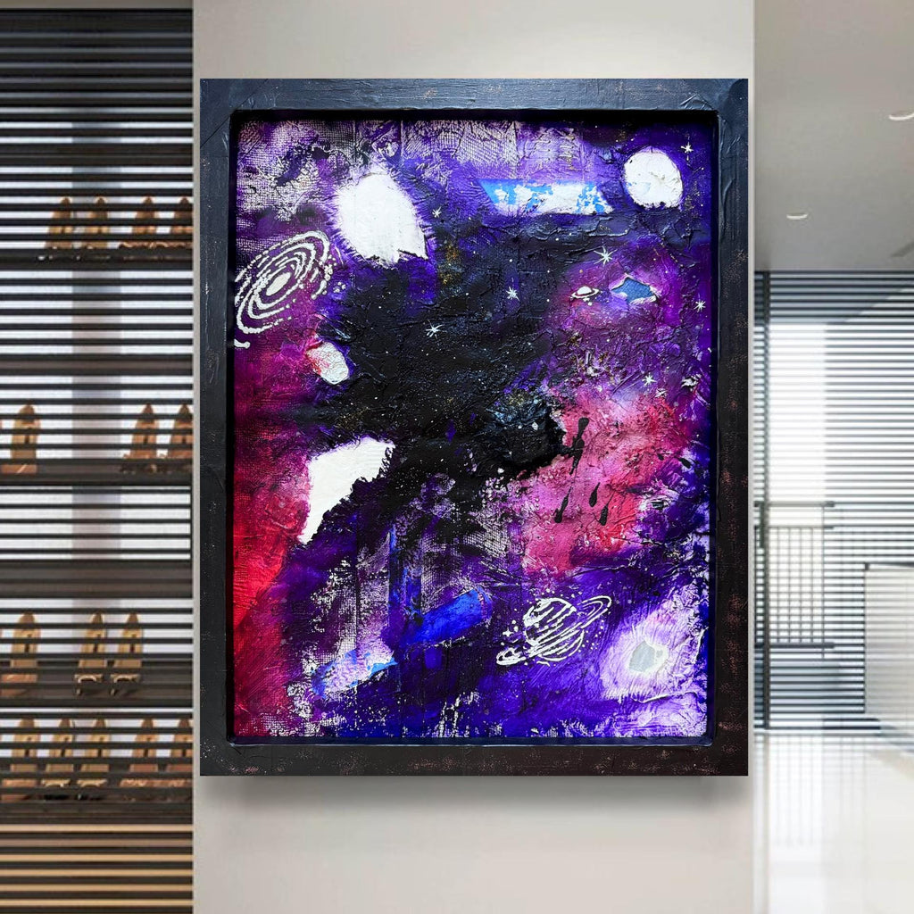 Abstract Cosmic Galaxy Painting, Purple Space Art, Textured Acrylic, Modern Wall Art, Framed Original Artwork (24x30 inch)