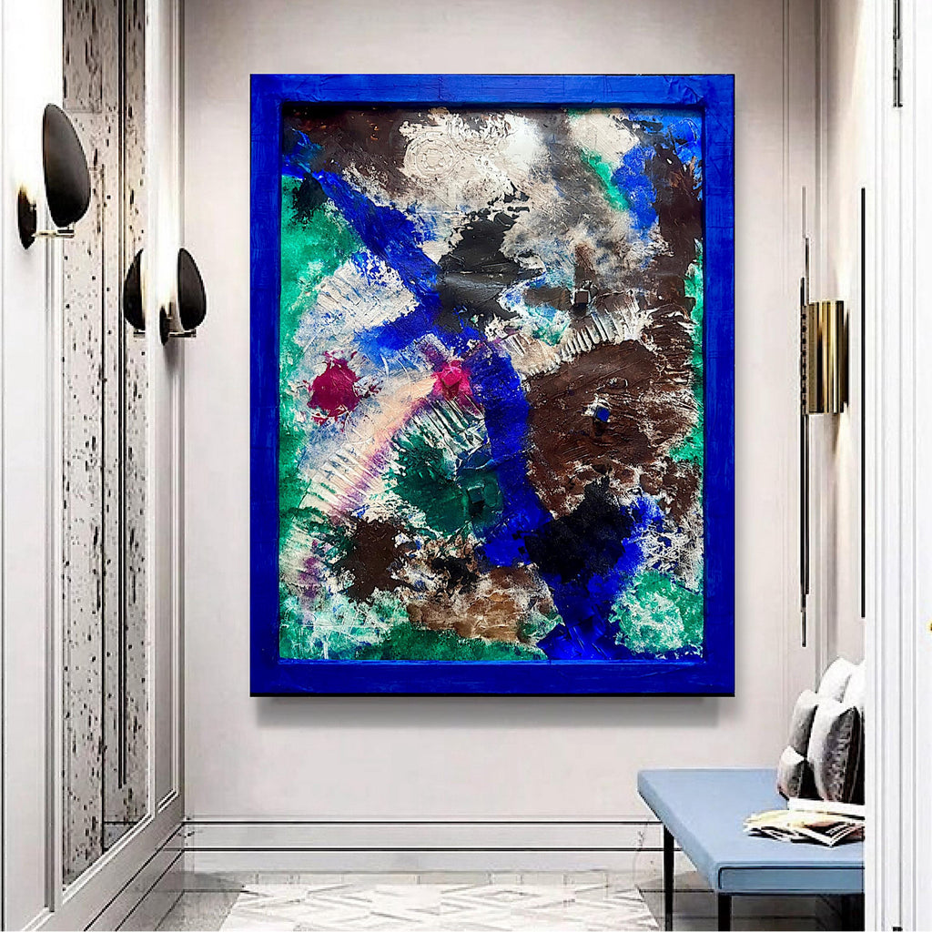 Abstract Textured Wall Art, Framed Original Acrylic Painting on Reinforced Poster, Signed Blue Frame Modern Art (29.5x23.5 inch)