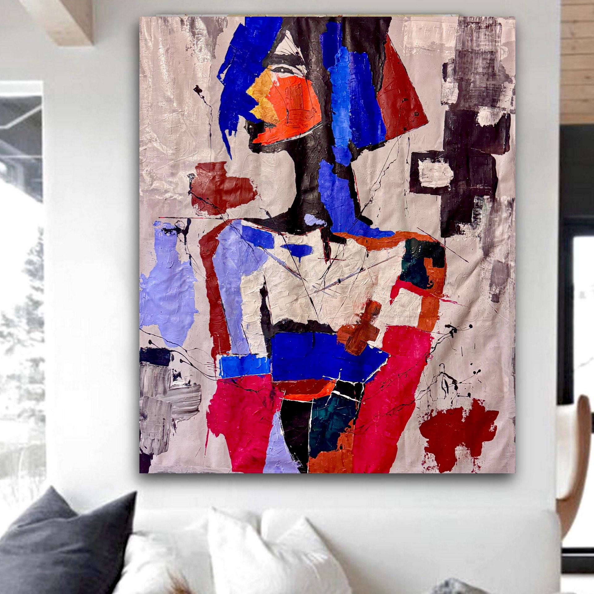 Original Abstract Portrait Painting, Bold Colors, Modern Wall Art (36x43 inch Canvas)
