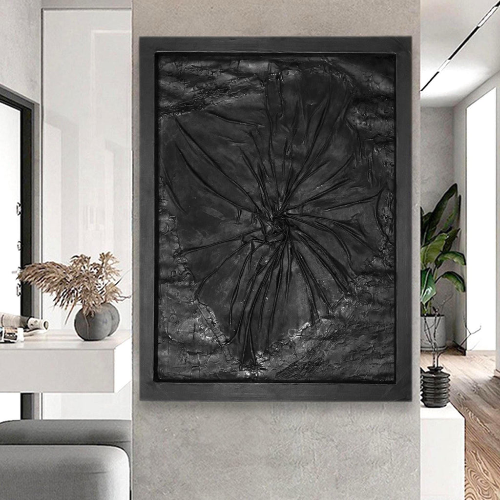 Black Abstract Textured Wall Art, Handmade Modern Art Painting, Dark Minimalist Contemporary Artwork,Framed Statement Piece (24x30 inch)