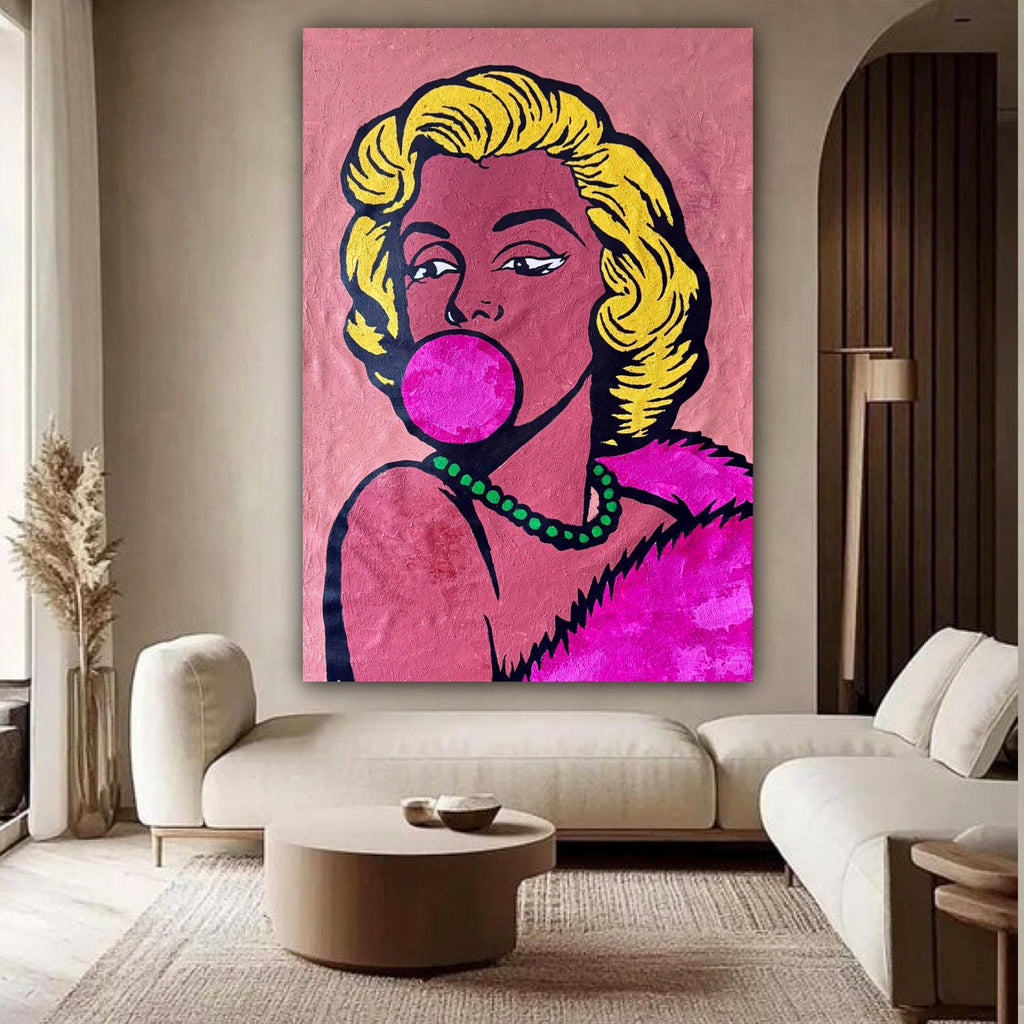 Original Acrylic Pop Art Portrait on Canvas, Expressionist Woman with Bubblegum (24x36 inch)