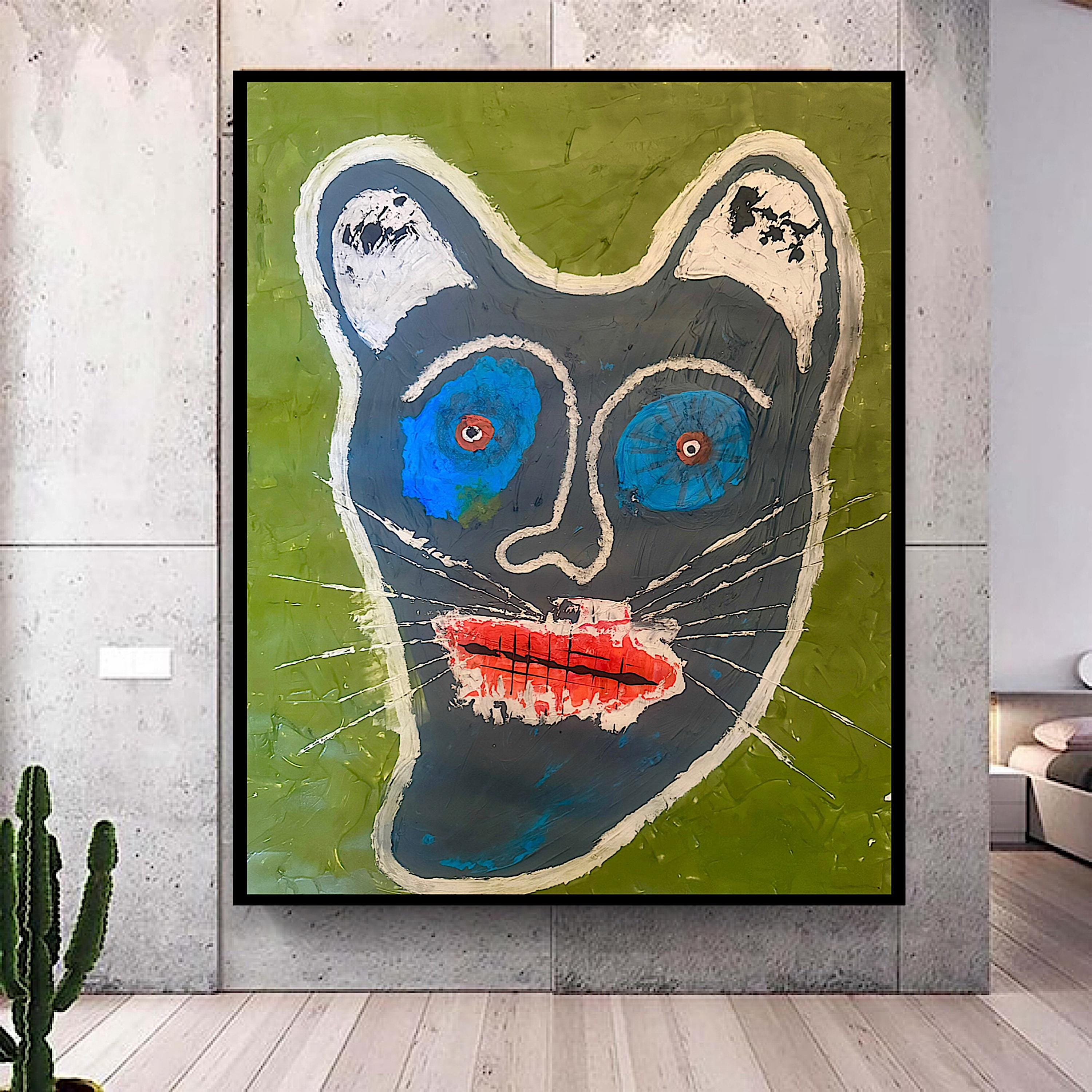 Abstract Cat Portrait, Acrylic Mixed Media, Contemporary Wall Art (22x28 inch)